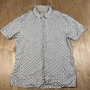 All Saints Mens White W/ Black Hearts Shorts Sleeve Button Up Shirt Size Medium